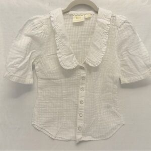 Maeve White Ruffled Collar Button-Front Top